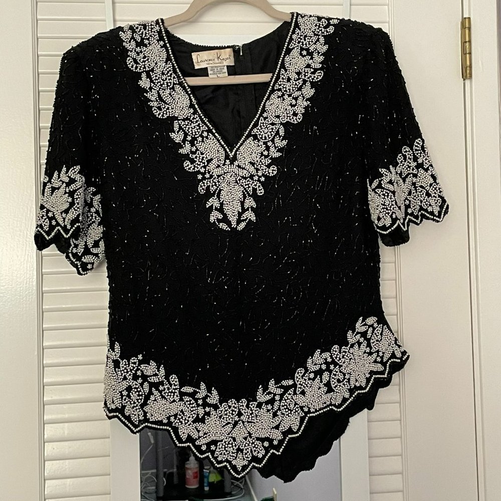 Beautiful Beaded Black & White Short Sleeve Top by Laurence Kazar